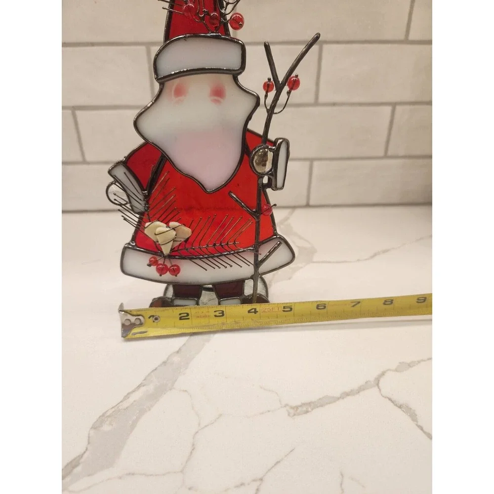 Santa Claus With Twig Berries Stained Glass Tealight Or Votive Candle Holder‎